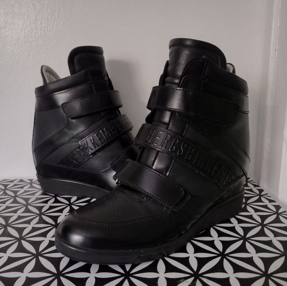 Bikkembergs Black Leather Wedge Strap Boots